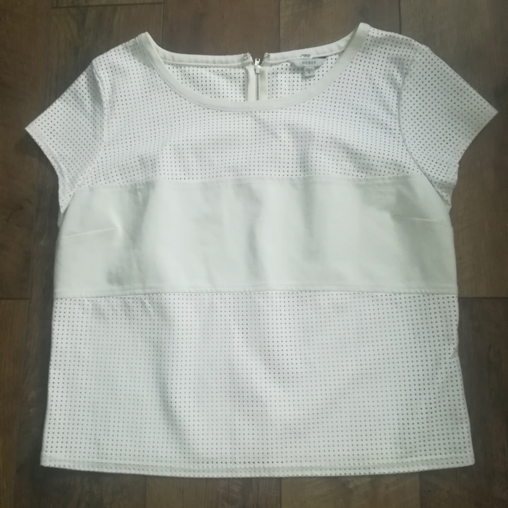 Guess White Eyelet Mixed Media Top Size XL